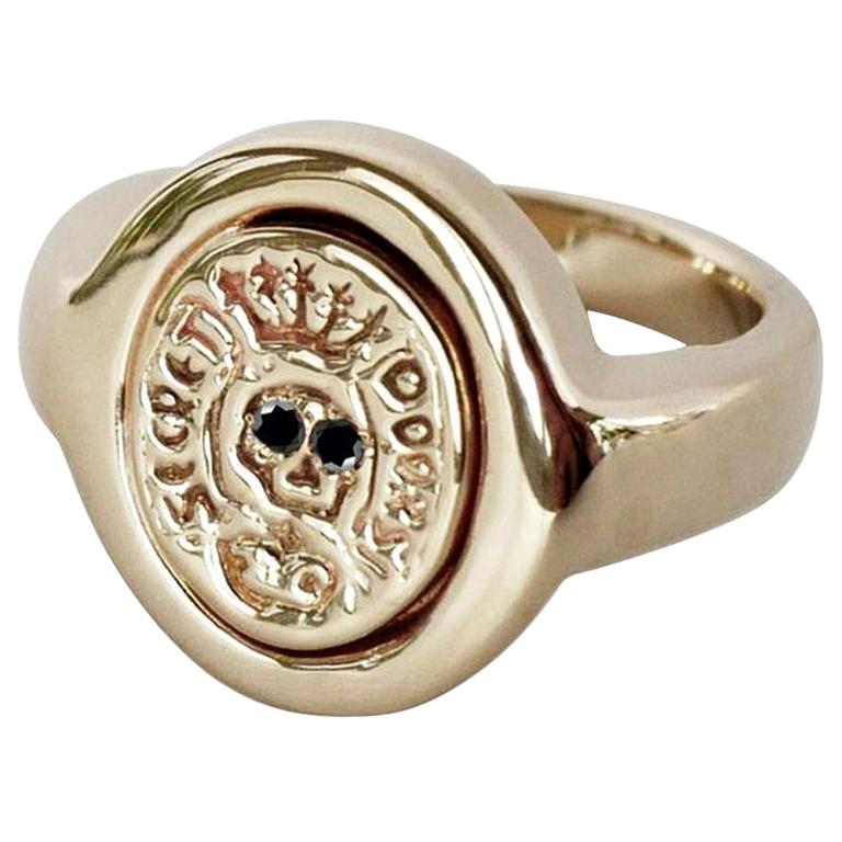 Crest Ring Signet Ring Black Diamond Gold Skull Memento Mori Style J Dauphin For Sale