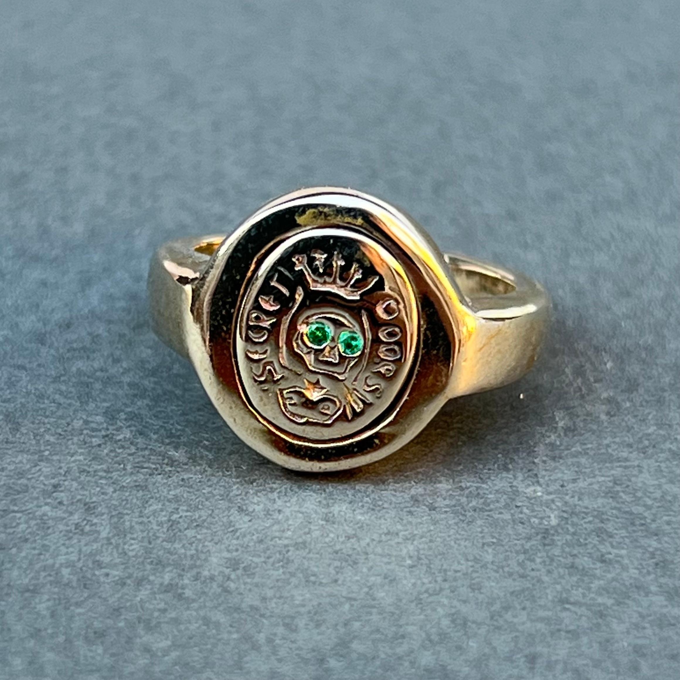 Brilliant Cut Crest Ring Signet Ring Skull Emerald Memento Mori Style J Dauphin For Sale