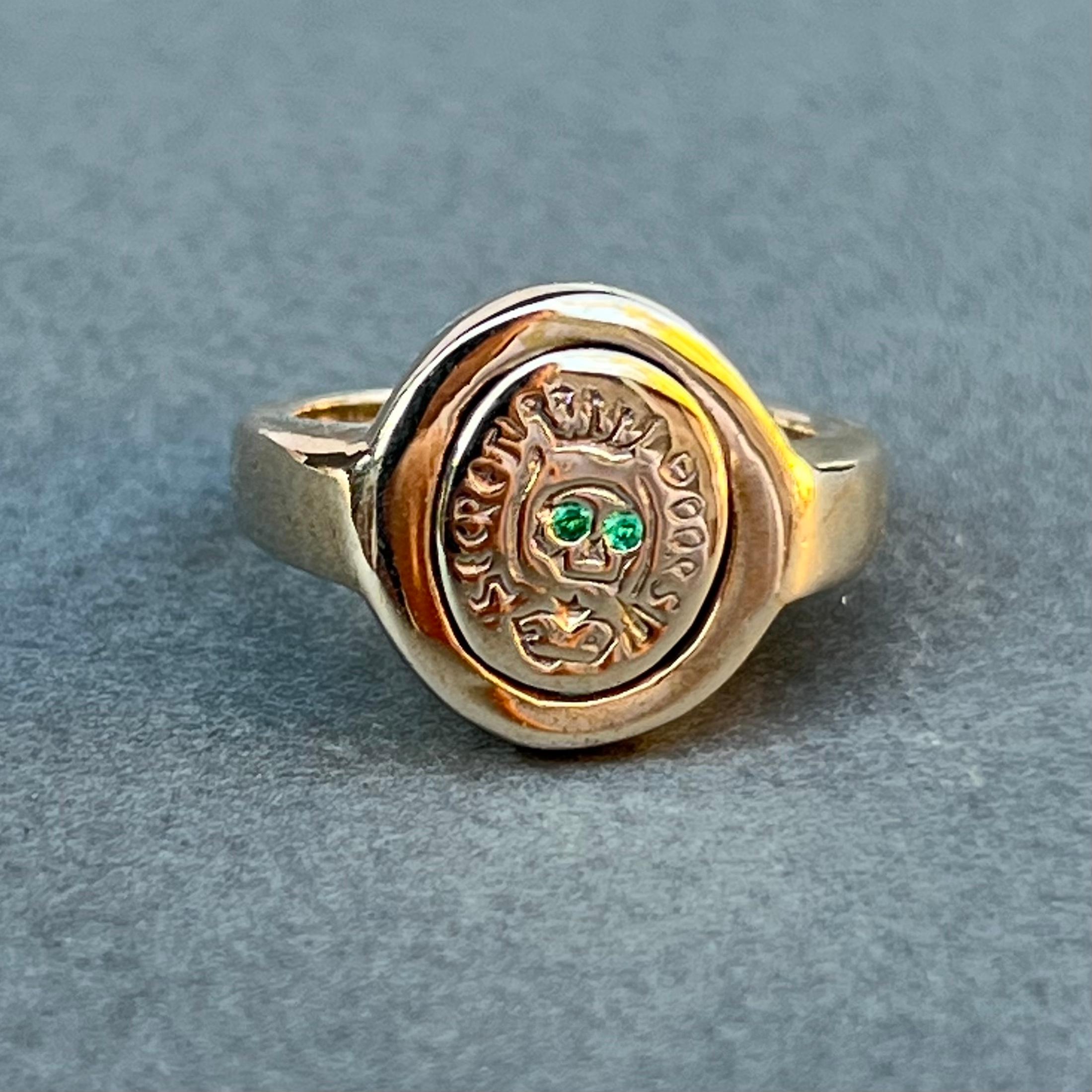Crest Ring Signet Ring Skull Emerald Memento Mori Style J Dauphin In New Condition For Sale In Los Angeles, CA