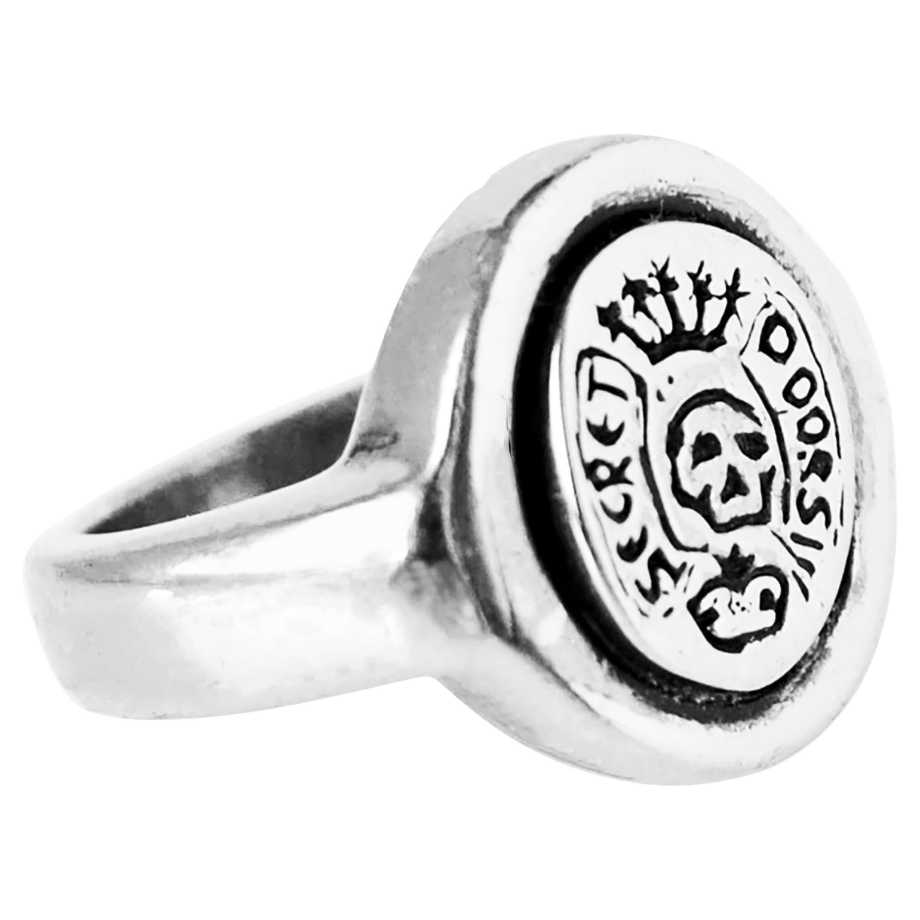 Anello con teschio d'argento, anello con stemma, anello con sigillo, stile Memento Mori, J Dauphin