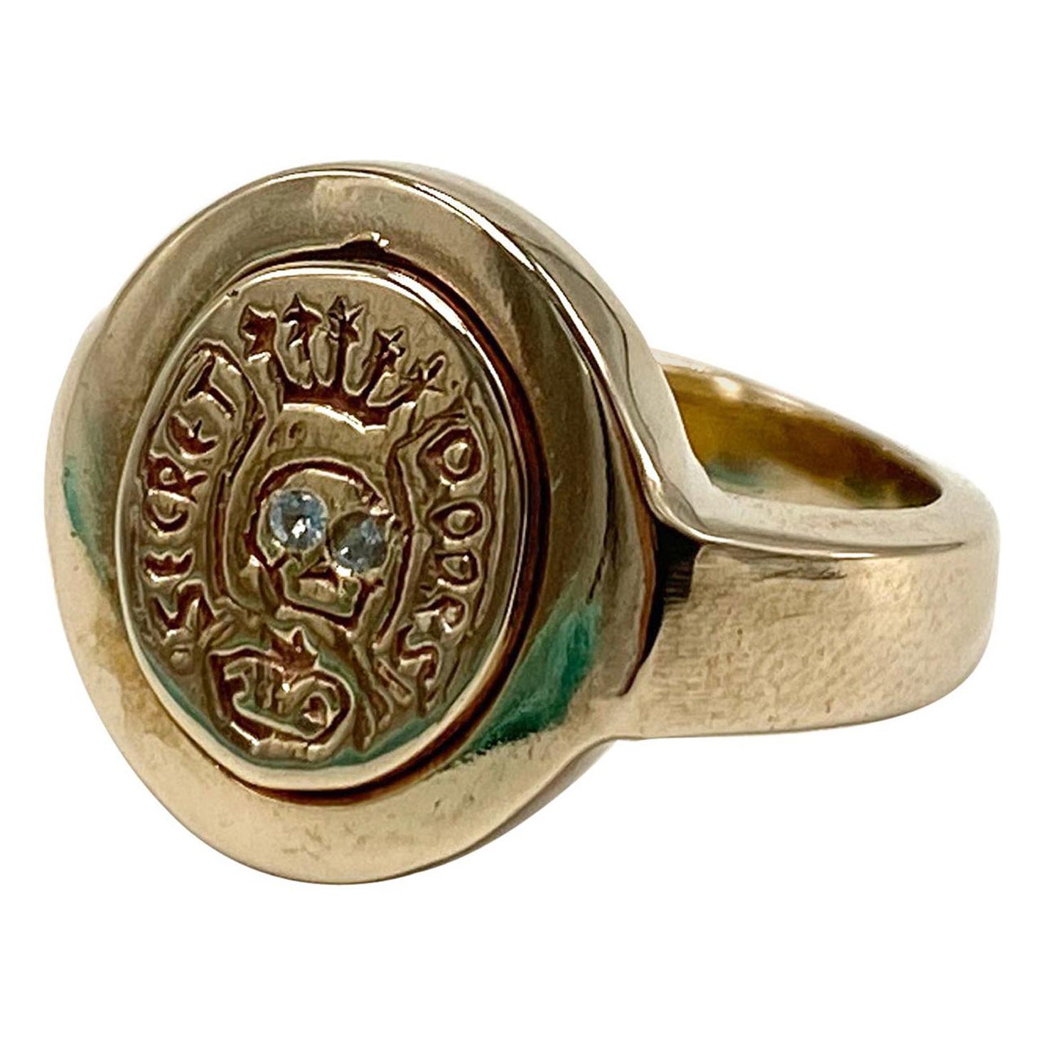 Anello Crest Signet Acquamarina Memento Mori Stile Teschio J DAUPHIN in oro e vermeil