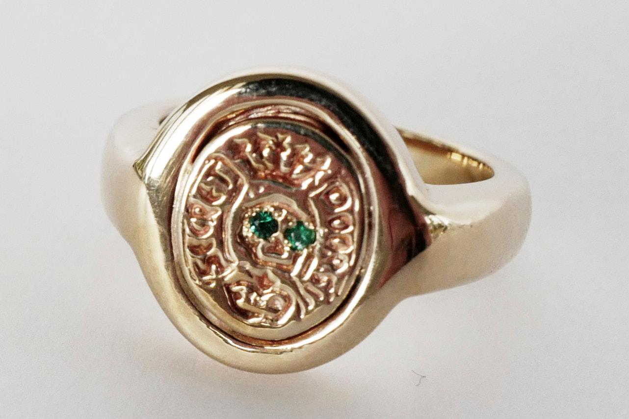 Crest Signet Ring White Diamond Skull Bronze Victorian Style J Dauphin In New Condition For Sale In Los Angeles, CA