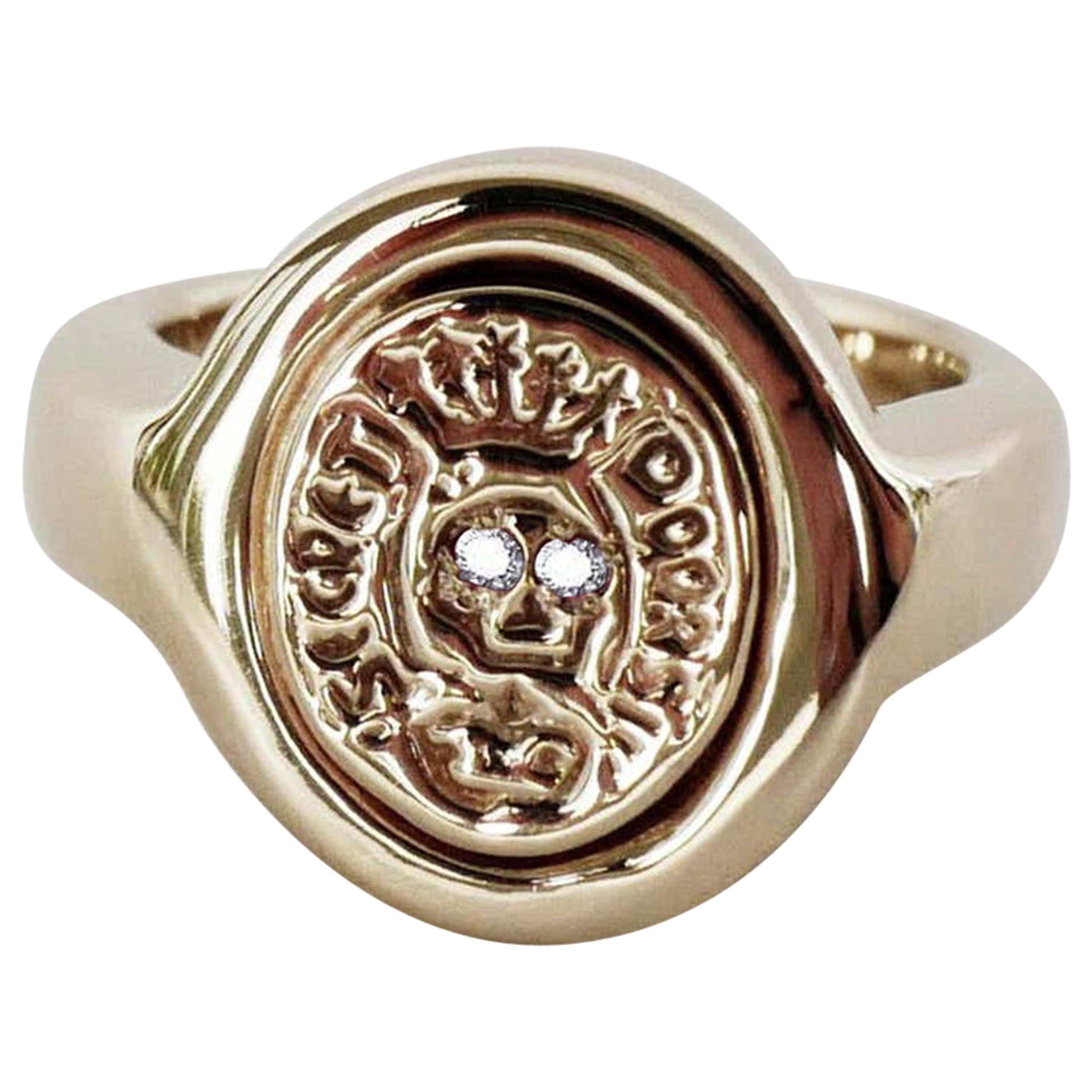 Crest Signet Ring White Diamond Skull Bronze Victorian Style J Dauphin For Sale