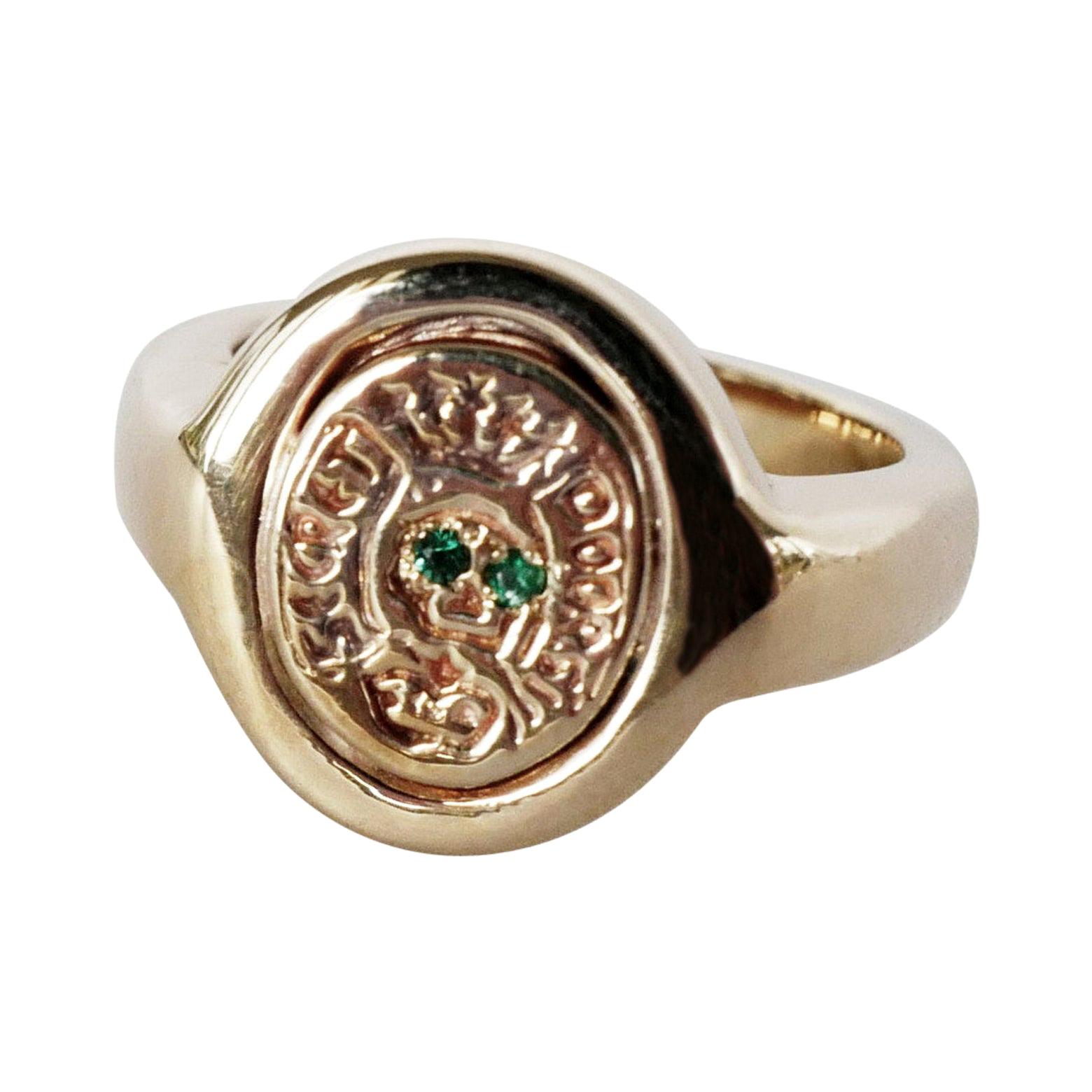 Crest Signet Ring Emerald Memento Mori Style Skull Bronze J Dauphin For Sale