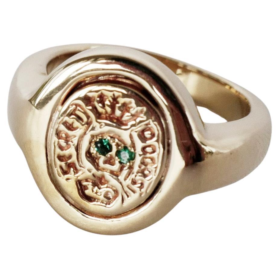 Crest Signet Ring Emerald Memento Mori Style Skull Bronze J Dauphin For Sale