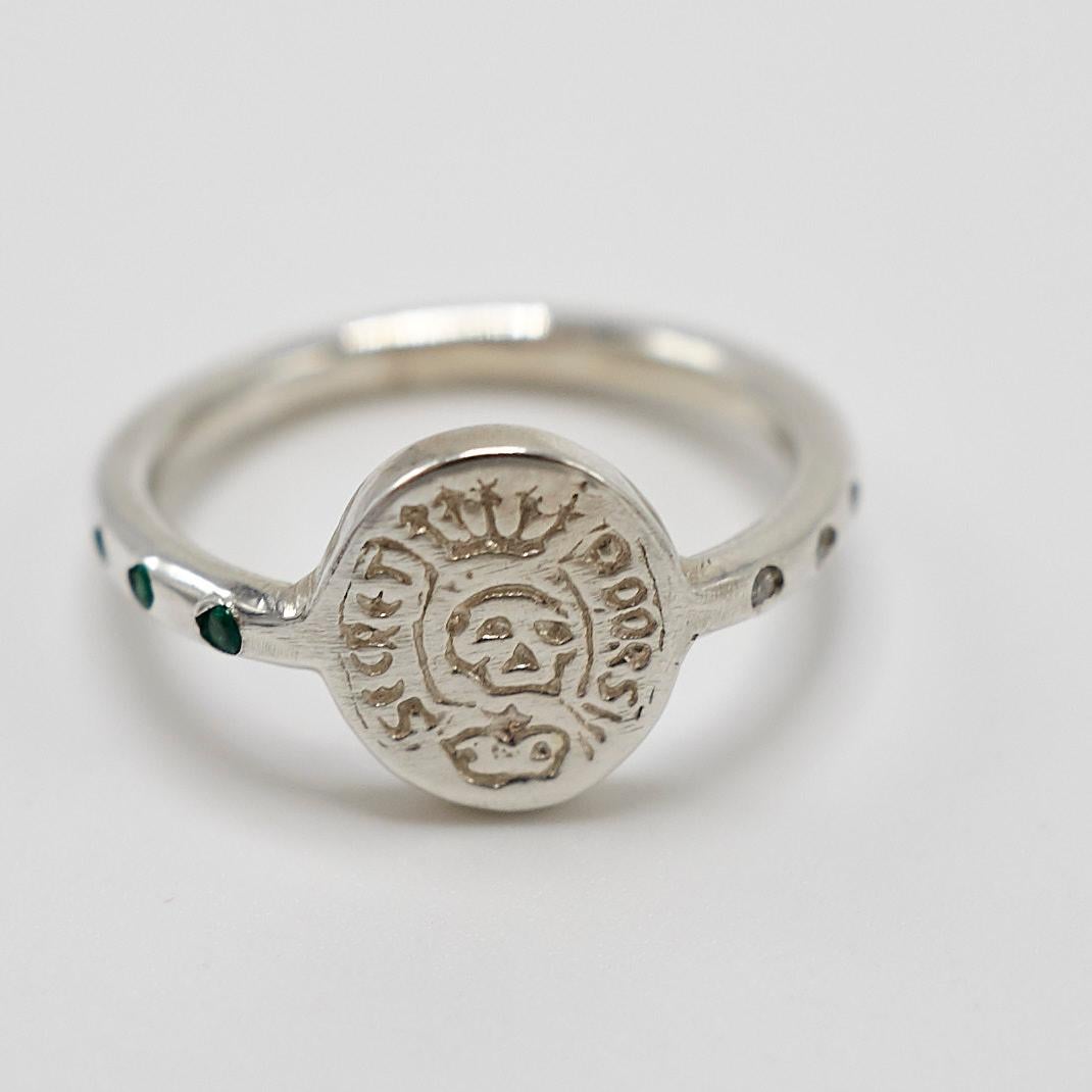 Crest Signet Ring White Gold 3 Emeralds 3 White Diamonds with a Skull by J Dauphin Memento Mori Style
J DAUPHIN signature piece 