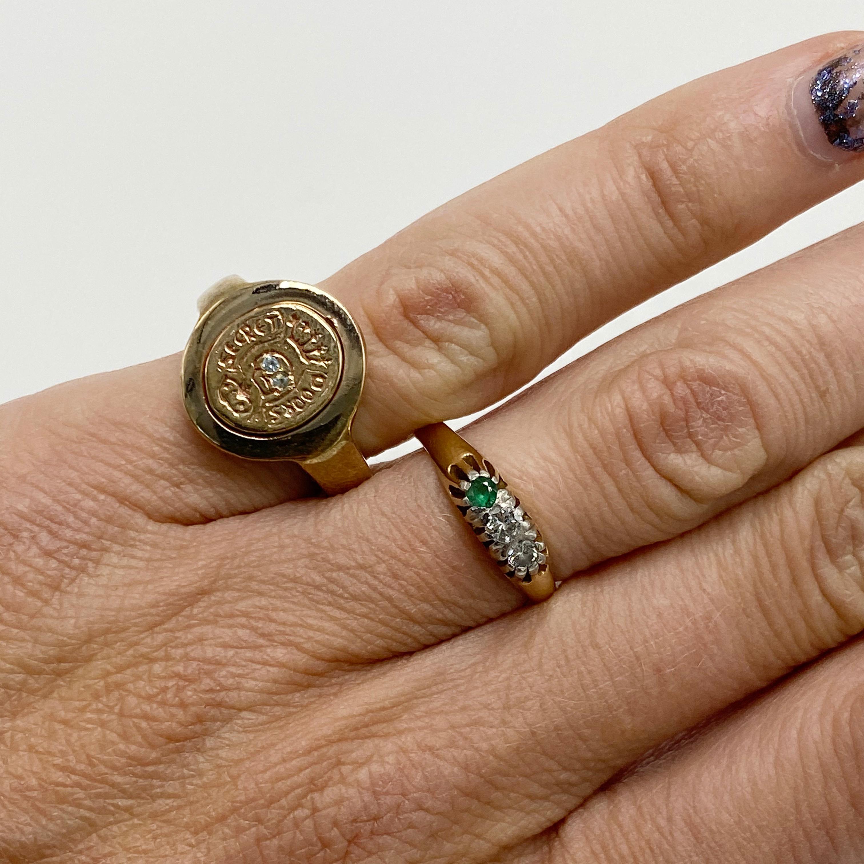 Brilliant Cut Crest Signet Ring Gold Aquamarine Memento Mori Style Skull J Dauphin
