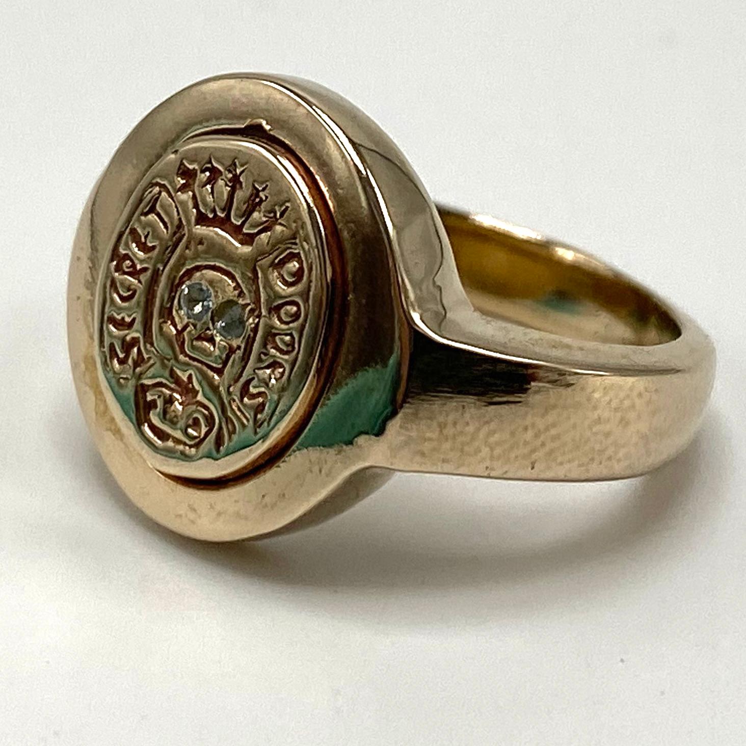 Contemporary Crest Signet Ring Gold Aquamarine Memento Mori Style Skull J Dauphin