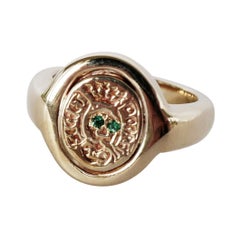 Crest Signet Ring Gold Skull Victorian Memento Mori Style Emerald J Dauphin