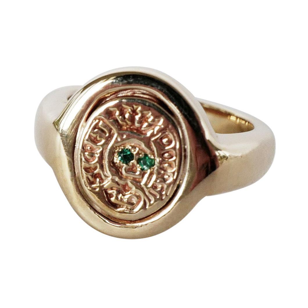 Crest Signet Ring Gold Skull Victorian Memento Mori Style Emerald