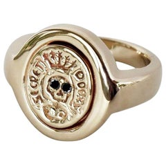 Crest Signet Ring Gold Vermeil Black Diamond Skull Victorian Style J Dauphin