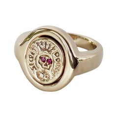 Crest Signet Ring Ruby Skull Bronze Victorian Style J Dauphin