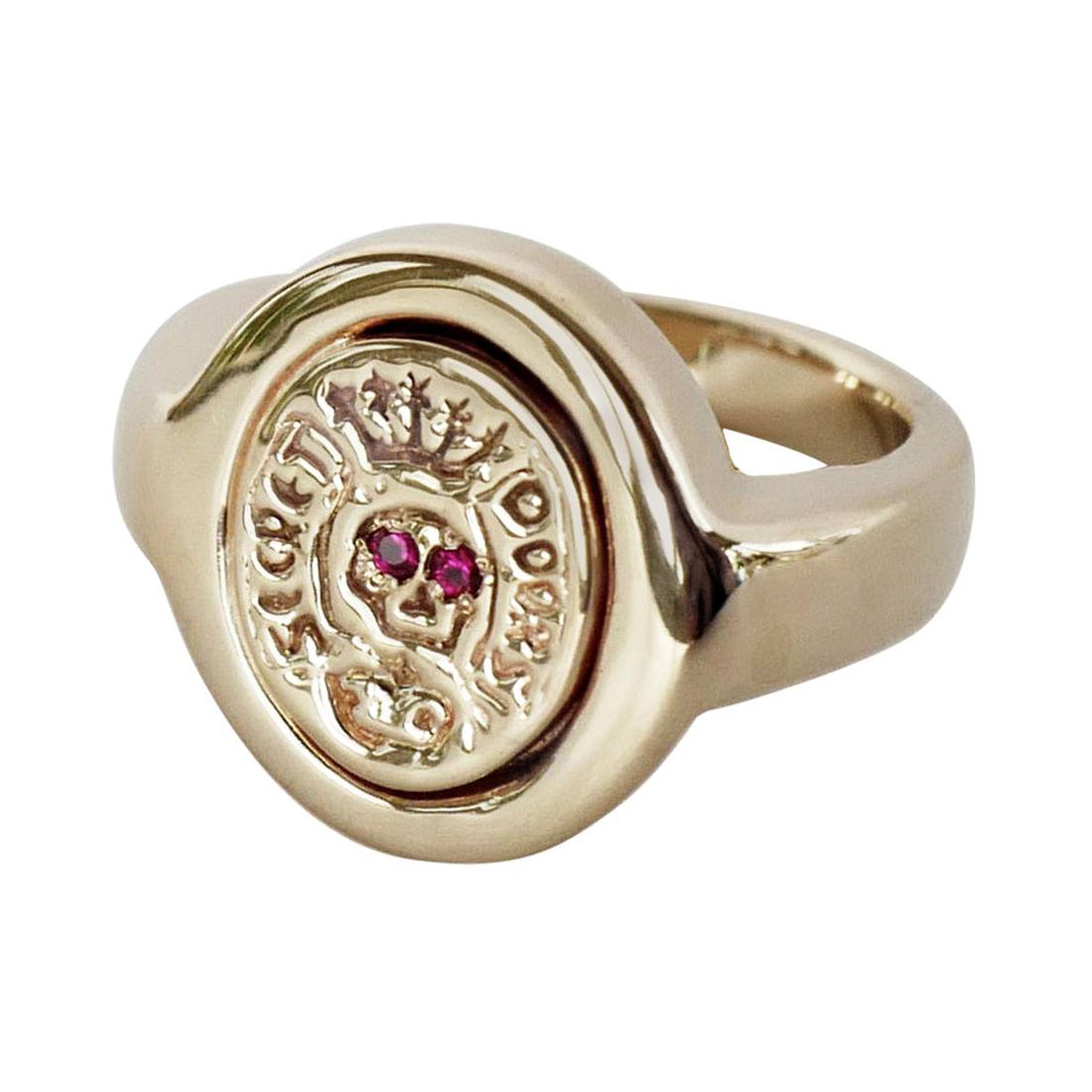 Crest Signet Ring Ruby Skull Victorian Style Cocktail Ring J Dauphin For Sale