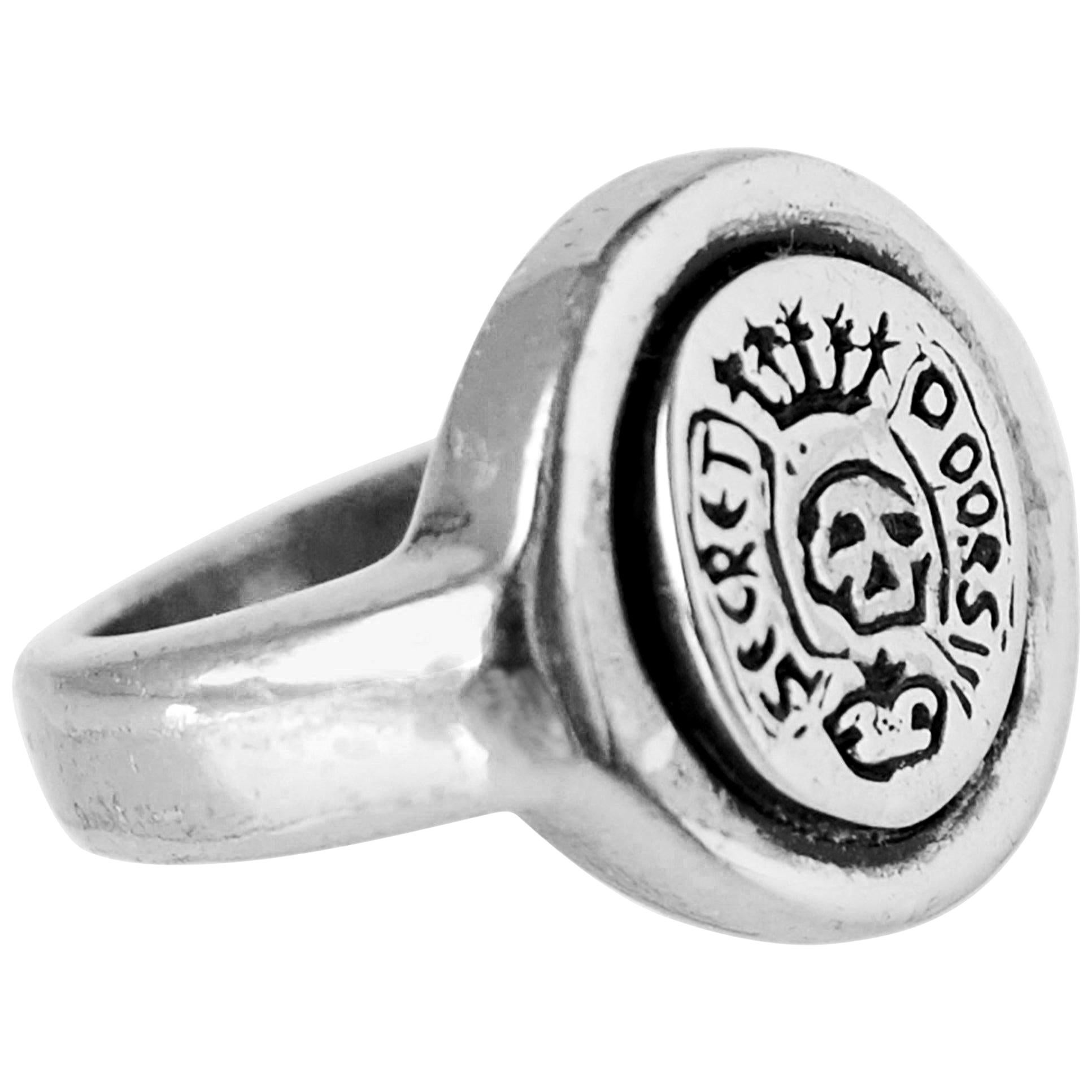 Crest Signet Ring Silver Skull Memento Mori Style Unisex