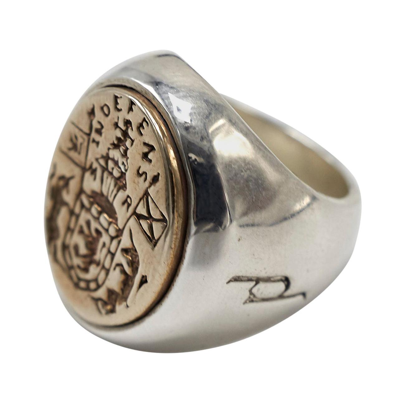 Crest Signet Ring Sterling Silver Bronze Queen Mary Crest Lion Unicorn J Dauphin For Sale
