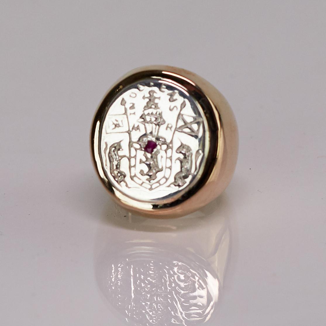 Brilliant Cut Crest Signet Ring Sterling Silver Bronze Ruby Unisex J Dauphin For Sale