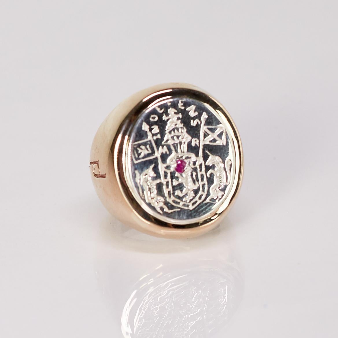Crest Signet Ring Sterling Silver Bronze Ruby Unisex J Dauphin In New Condition For Sale In Los Angeles, CA