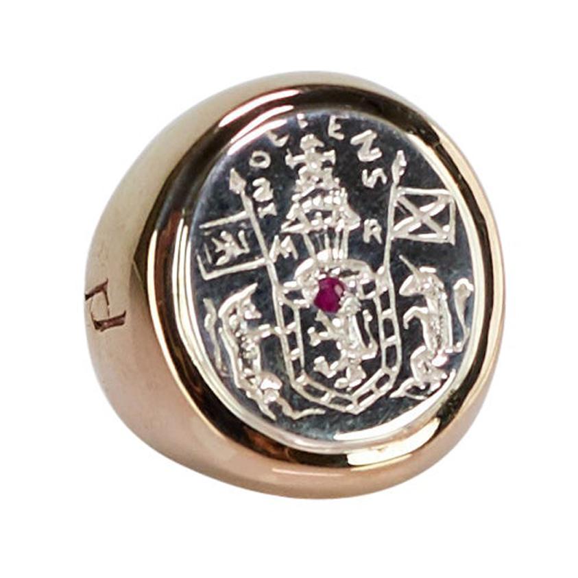 Crest Signet Ring Sterling Silver Bronze Ruby Unisex J Dauphin For Sale