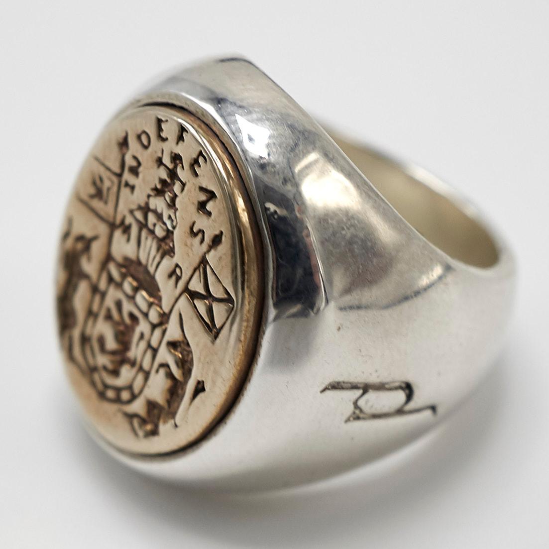 Crest Signet Ring Sterling Silver Bronze Unisex J Dauphin In New Condition In Los Angeles, CA