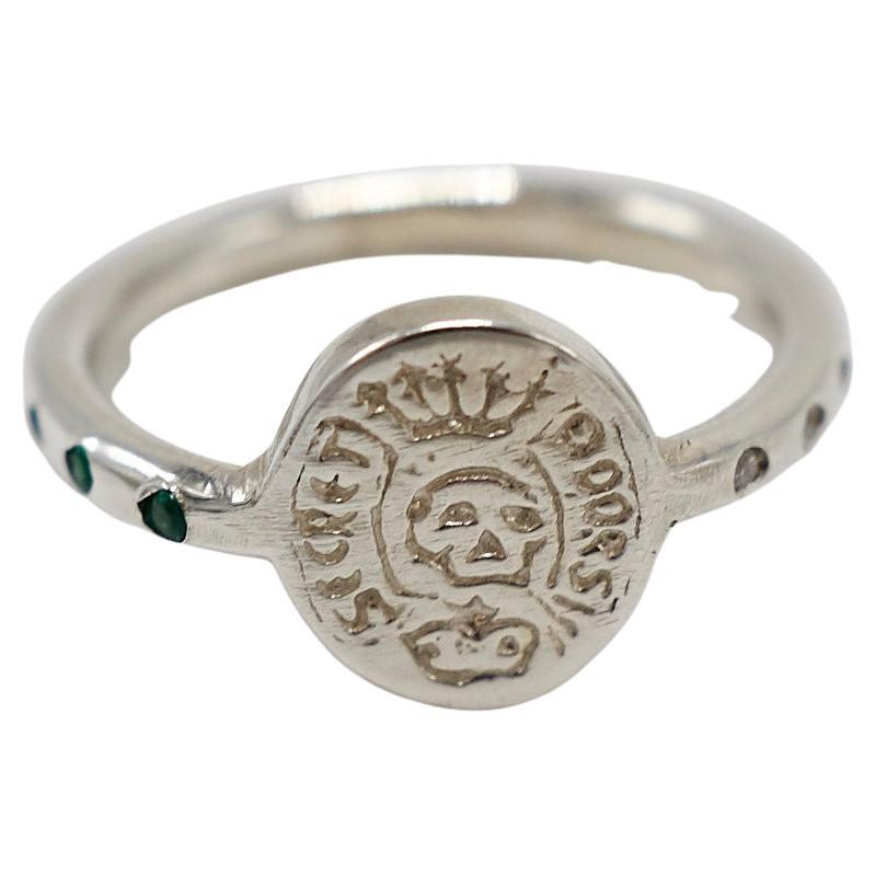 Crest Signet Ring Sterling Silver Emerald White Diamond Skull J Dauphin For Sale