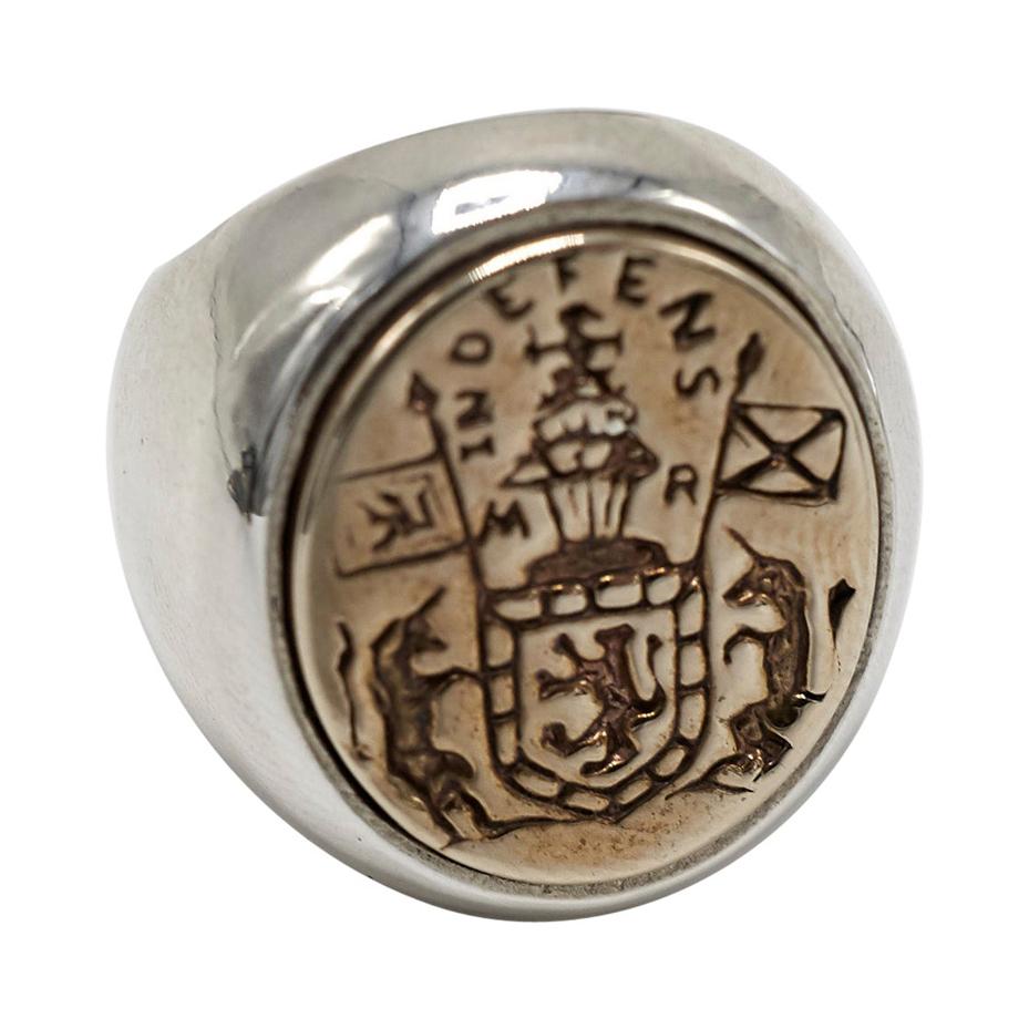 Crest Signet Ring Sterling Silver Gold Queen Mary Crest Lion Unicorn J Dauphin For Sale