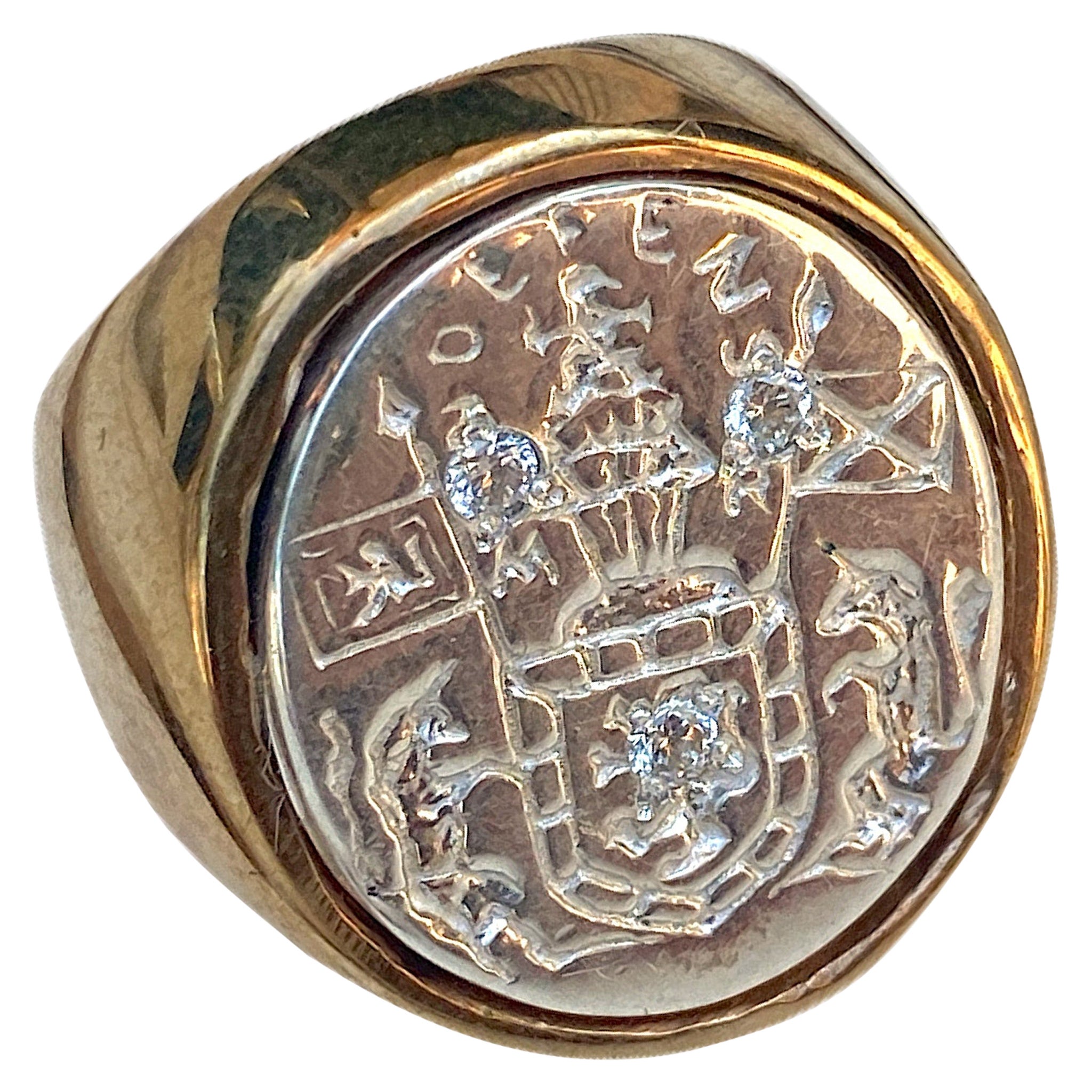 J. Dauphin, bague signet unisexe en argent sterling et bronze avec diamants blancs en vente