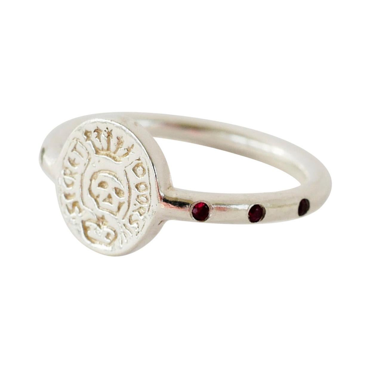 Crest Signet Ring with Skull in Silver Emerald Ruby J Dauphin For Sale