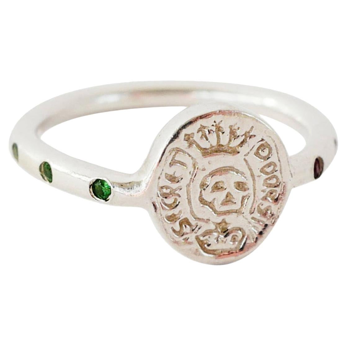 Crest Signet Ring Sterling Silver Emerald Ruby  Skull J Dauphin For Sale