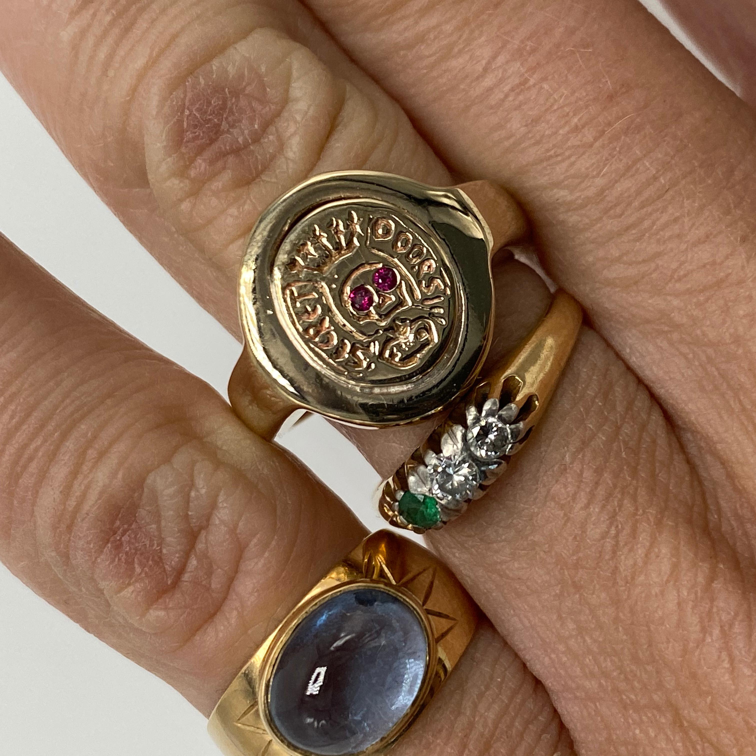 Women's Aquamarine Crest Signet Memento Mori Style Skull Ring
