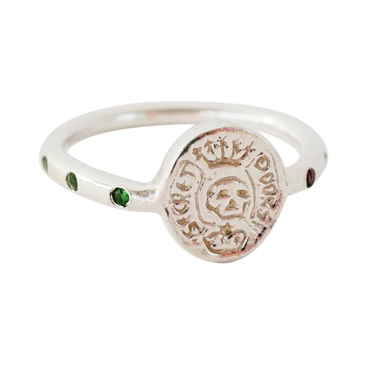 Crest Signet Skull Ring Memento Mori Style Silver Emerald Black Diamond