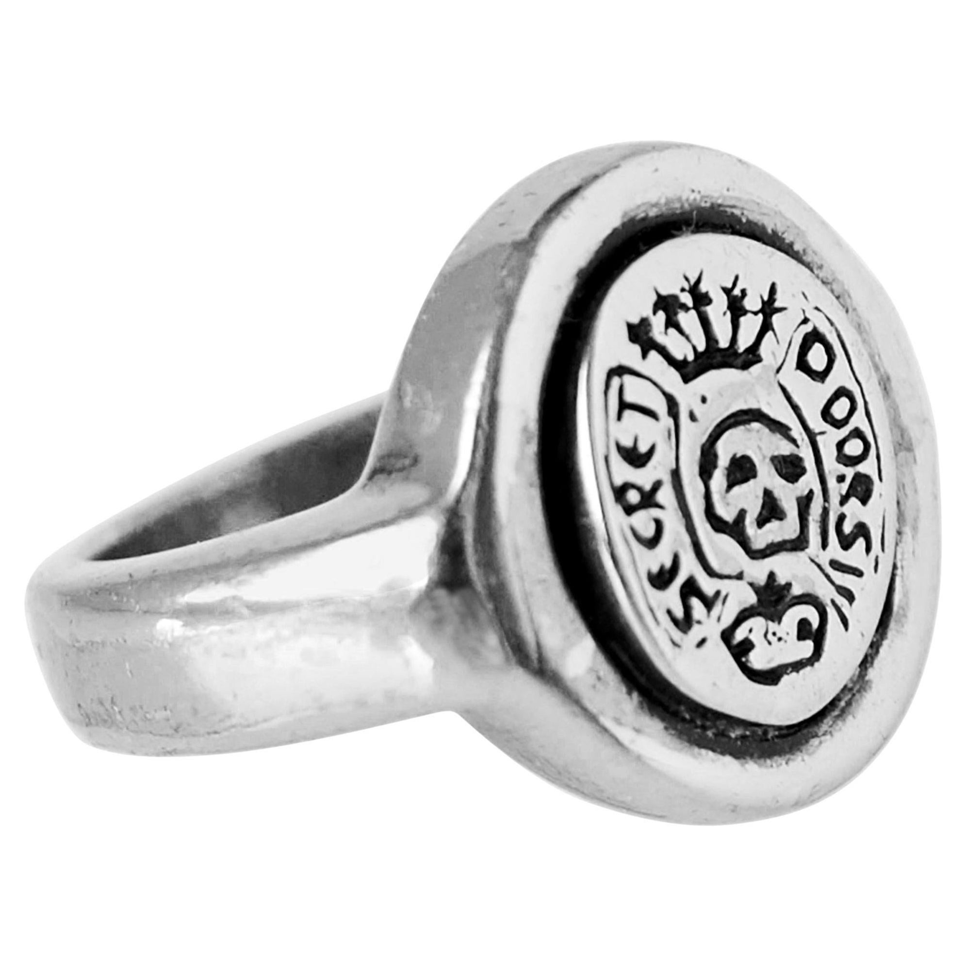 Crest Signet Skull Ring Silver Memento Mori Style Unisex J Dauphin For Sale