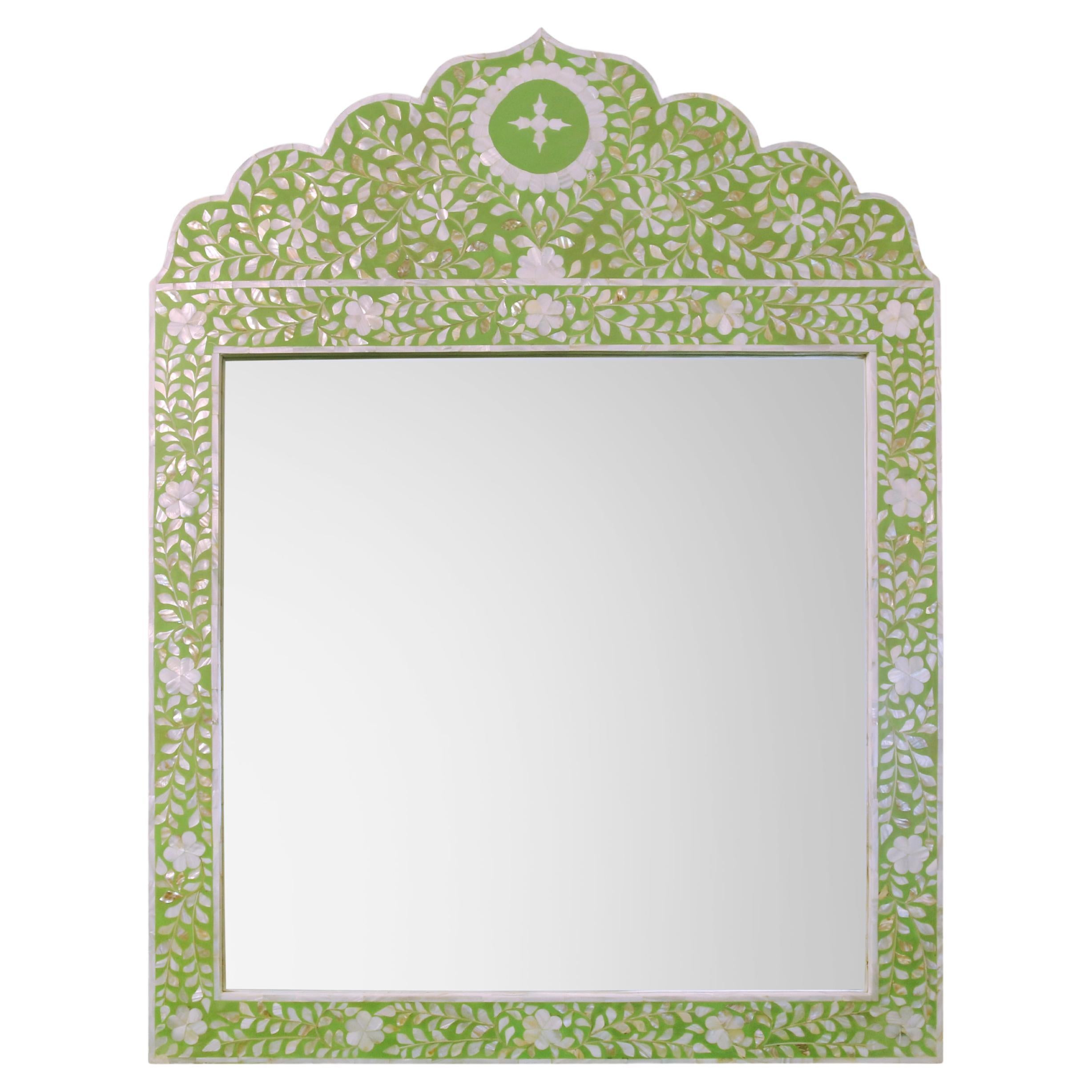 Crested Mother of Pearl Mirror in Lime-Chartreuse Green For Sale