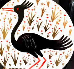 "Ave acuática crestada", Rondel Art Decó en negro y dorado de Waylande Gregory