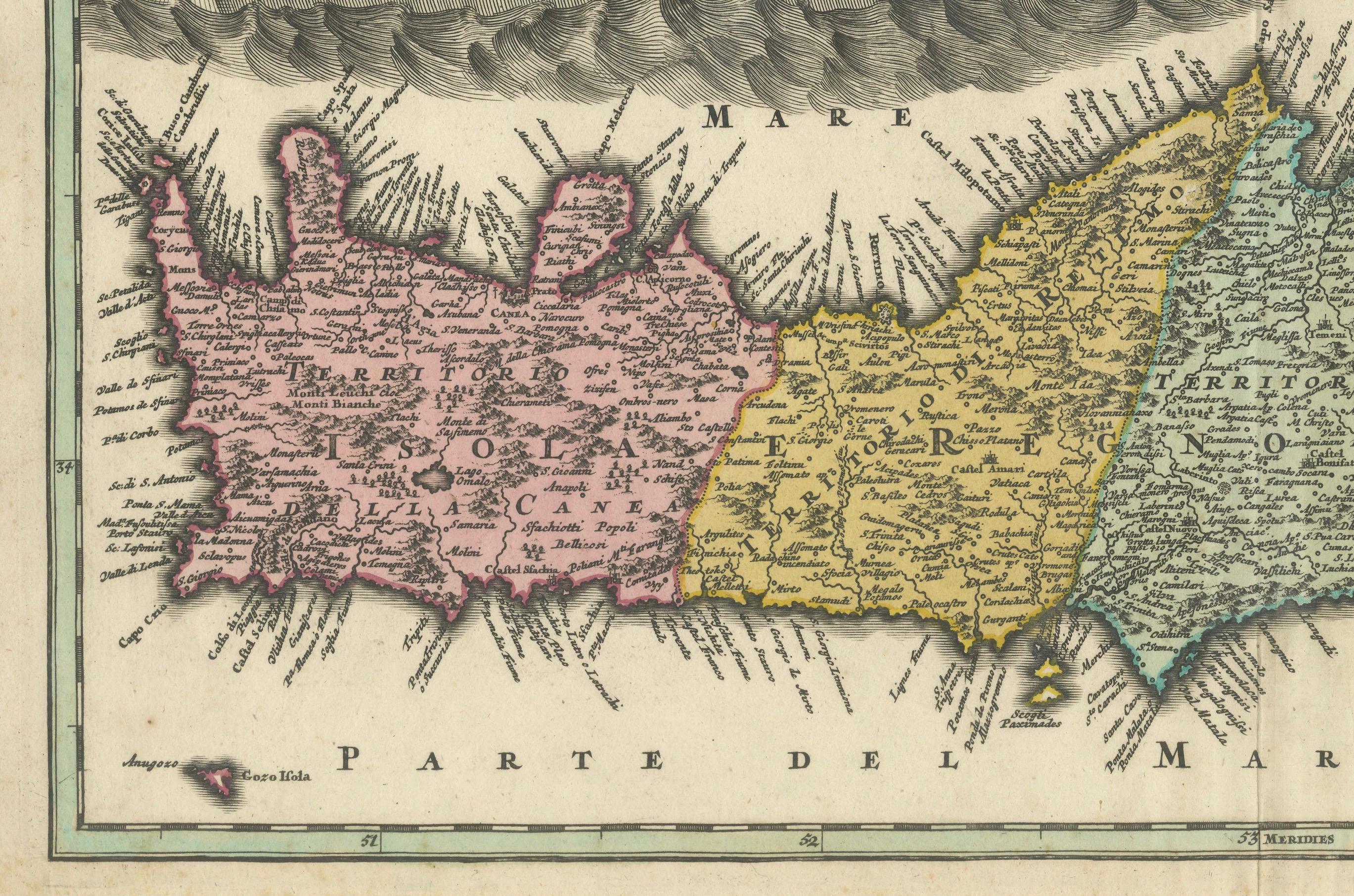 Crete Map 1749 – Homann Heirs Engraving of Candia with Aegean Islands In Good Condition For Sale In Langweer, NL