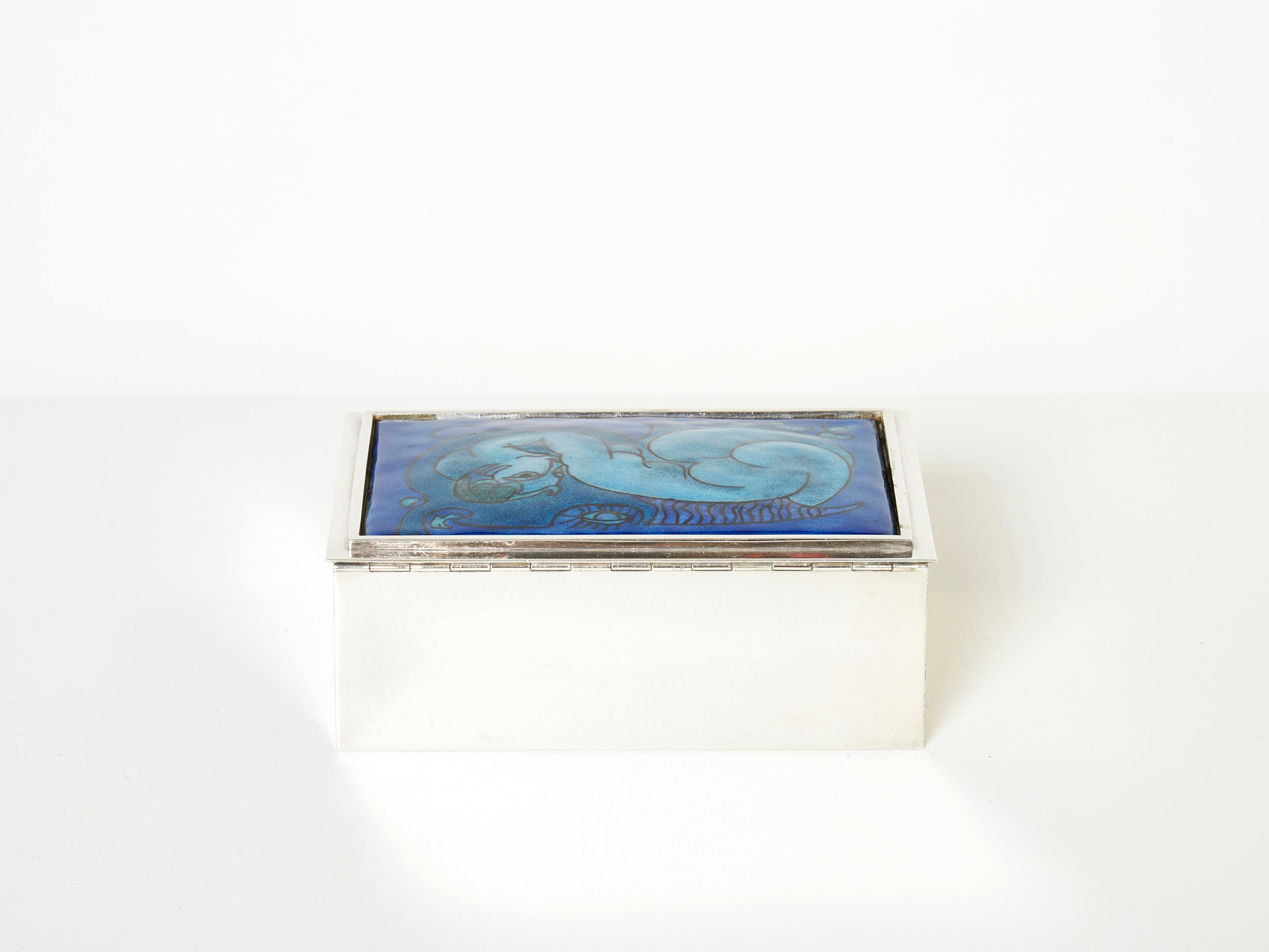 Late 20th Century Crevillen Paris Silvered and Enameled Blue Ceramic Jewellery Box 1970 For Sale
