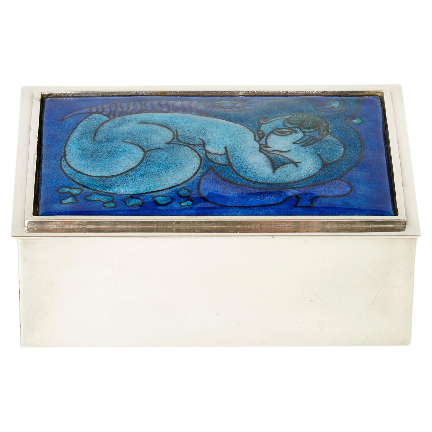 Crevillen Paris Silvered and Enameled Blue Ceramic Jewellery Box 1970 For Sale