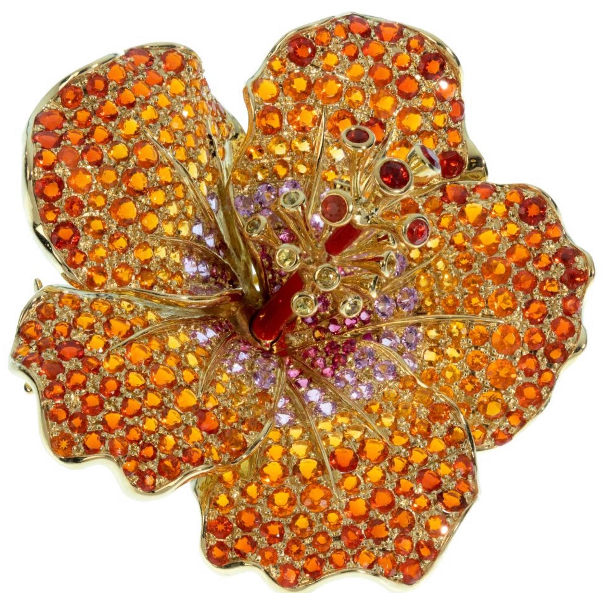 Absolutely stunning one of a kind Paula Crevoshay brooch pin 18k and gemstone flower titled “Nectar of the Sun” from her Masterwork Botanicals collections. Opal =7.77ct., Sapphire(39)=1.81ct, Sapphire(49)=0.88ct., Sapphire(12)=0.25ct. Information