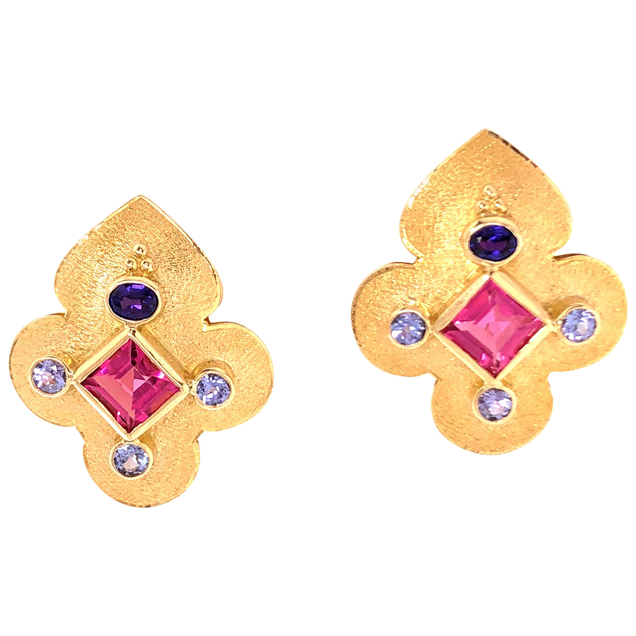 Crevoshay Tanzanite and Pink Tourmaline Yellow Gold Earrings
