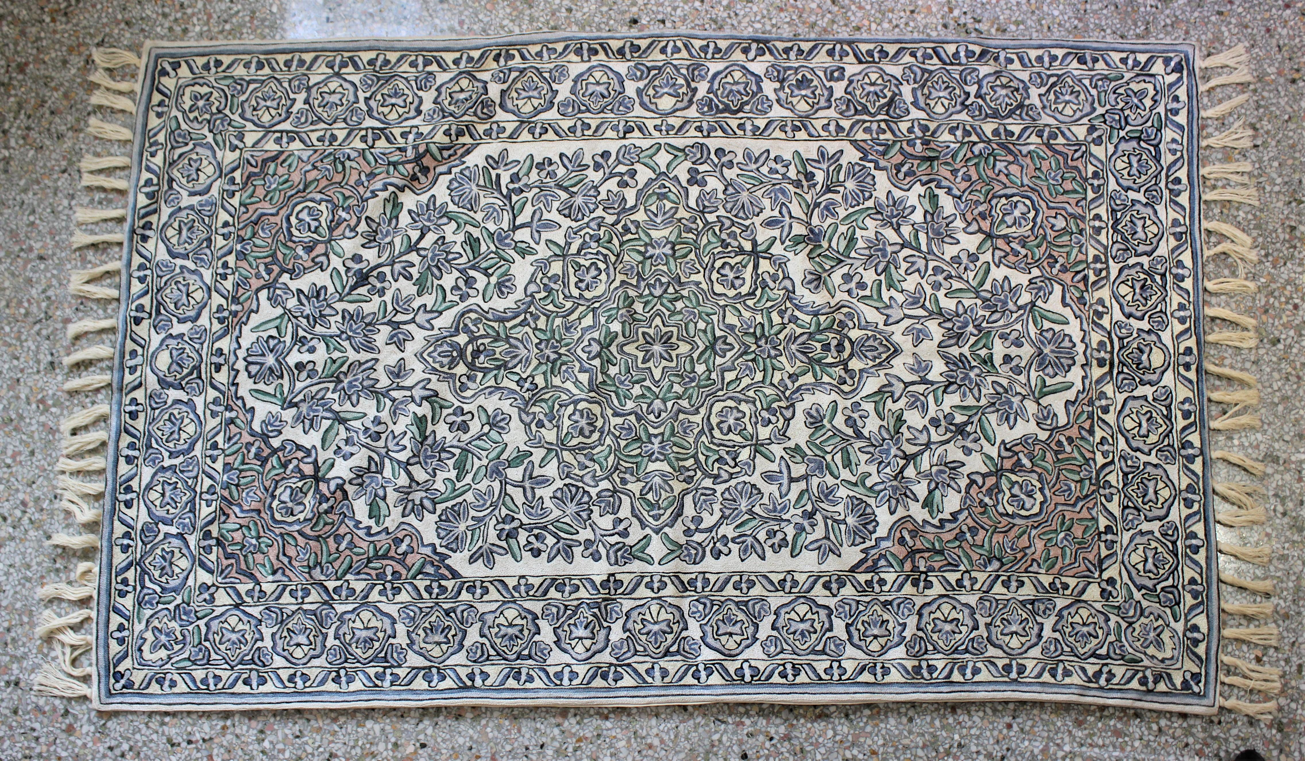 20th Century Crewel Embroidered Area Rug or Tapestry For Sale