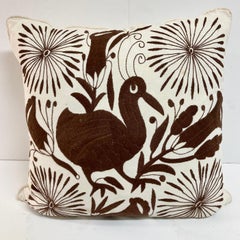Crewel Work Hand Embroidered Brown Bird Toss Pillow - 1