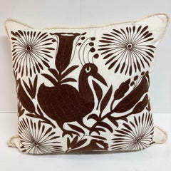 Crewel Work Hand Embroidered Brown Bird Toss Pillow - 2