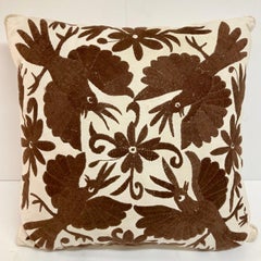 Crewel Work Hand Embroidered Brown Birds Toss Pillow - 2
