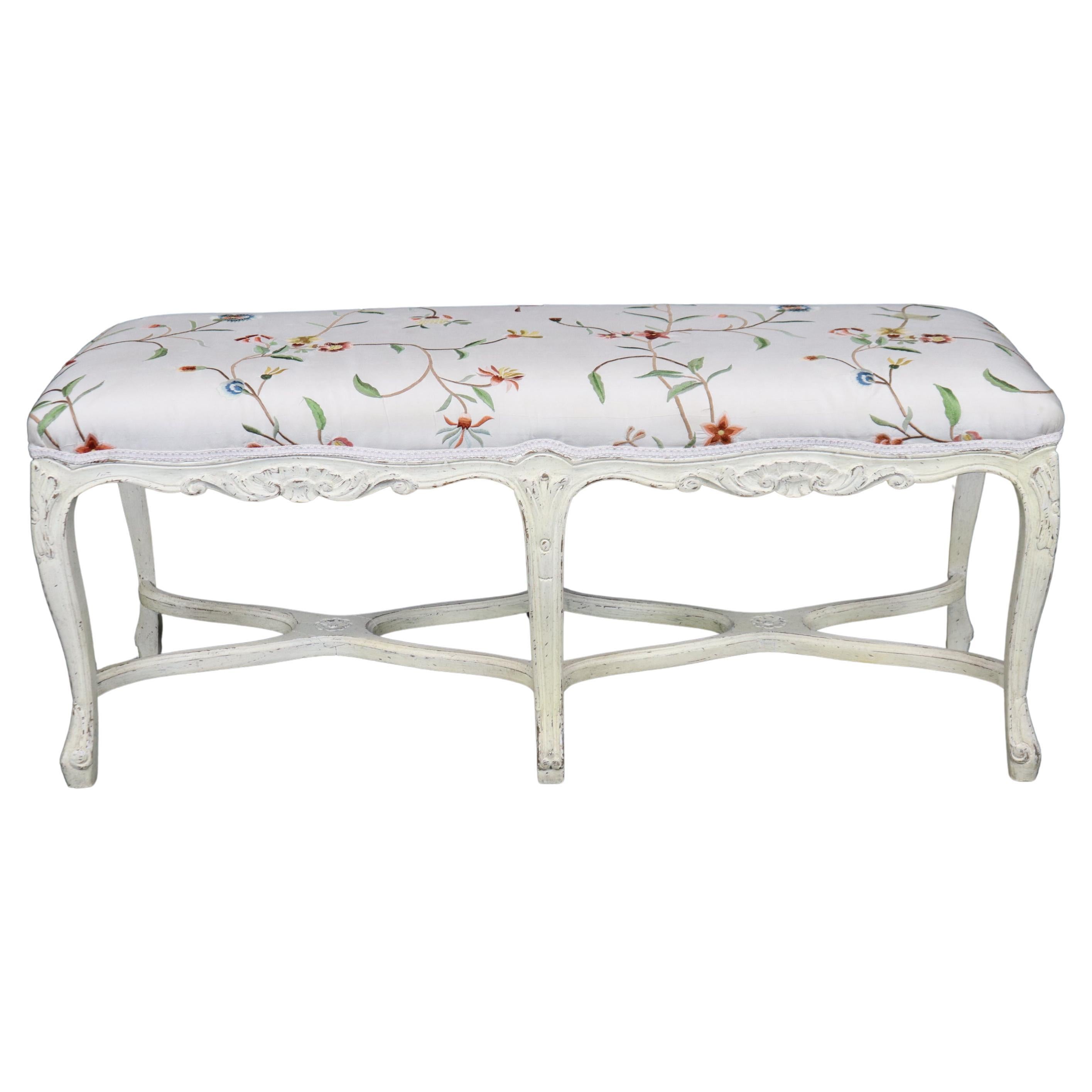 Crewel Work Upholstered Creme Paint Decorated French Louis XV 6 Leg Window Bench