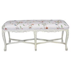 Crewel Work Upholstered Creme Paint Decorated French Louis XV 6 Leg Window Bench