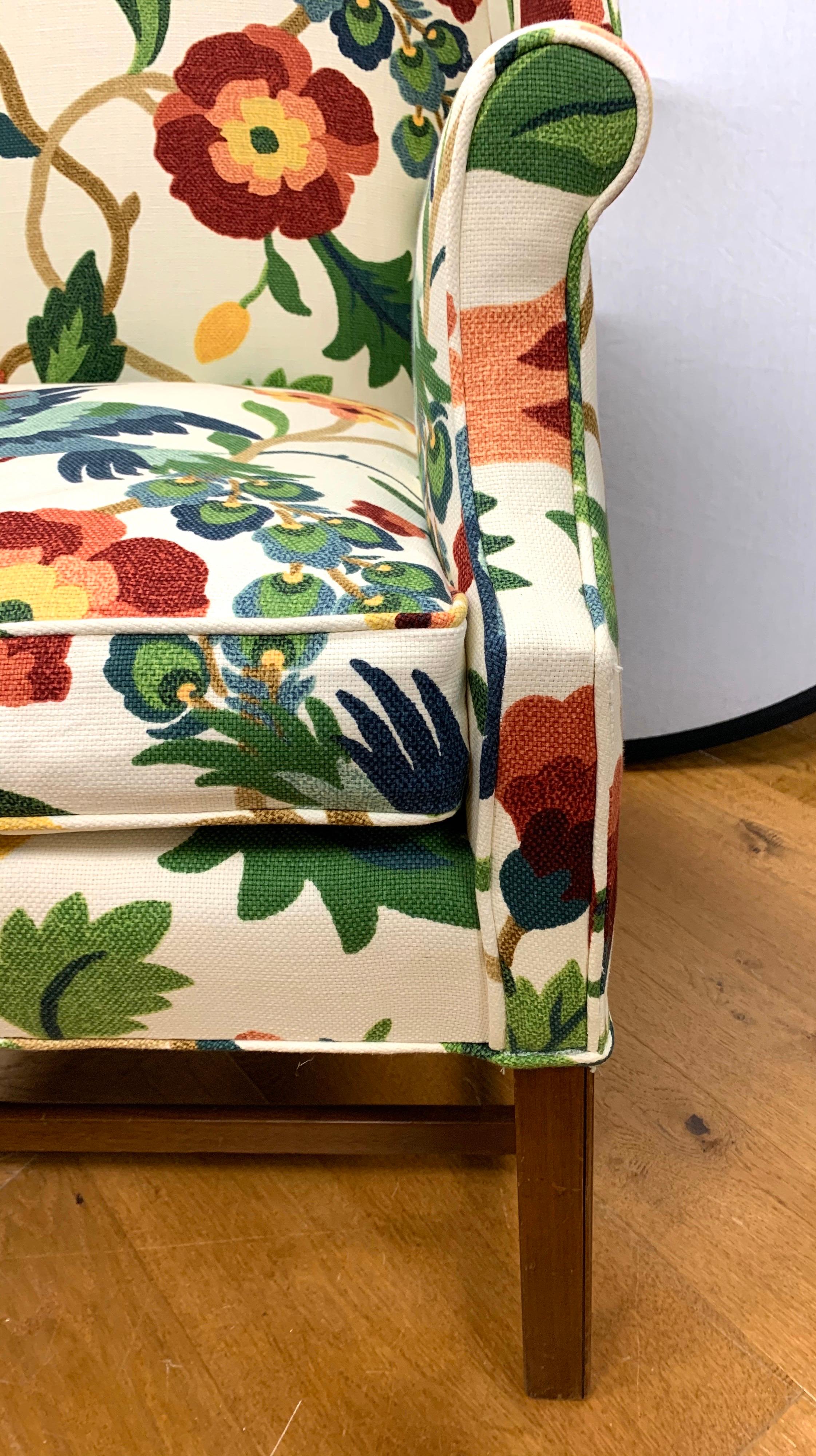 American Crewelwork Floral and Bird Print Upholstered Mahogany Wingback Chair
