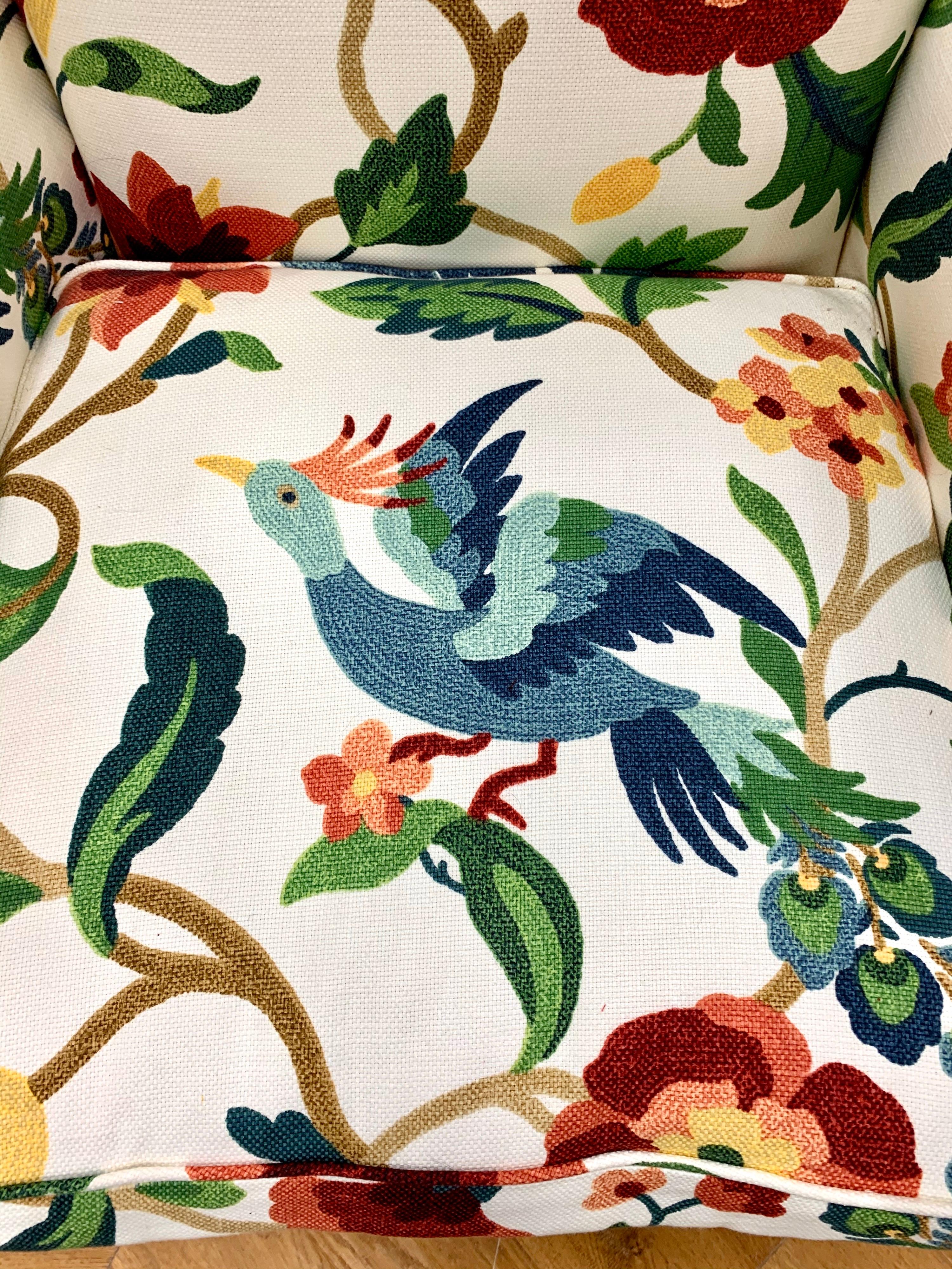 Crewelwork Floral and Bird Print Upholstered Mahogany Wingback Chair In Good Condition In West Hartford, CT