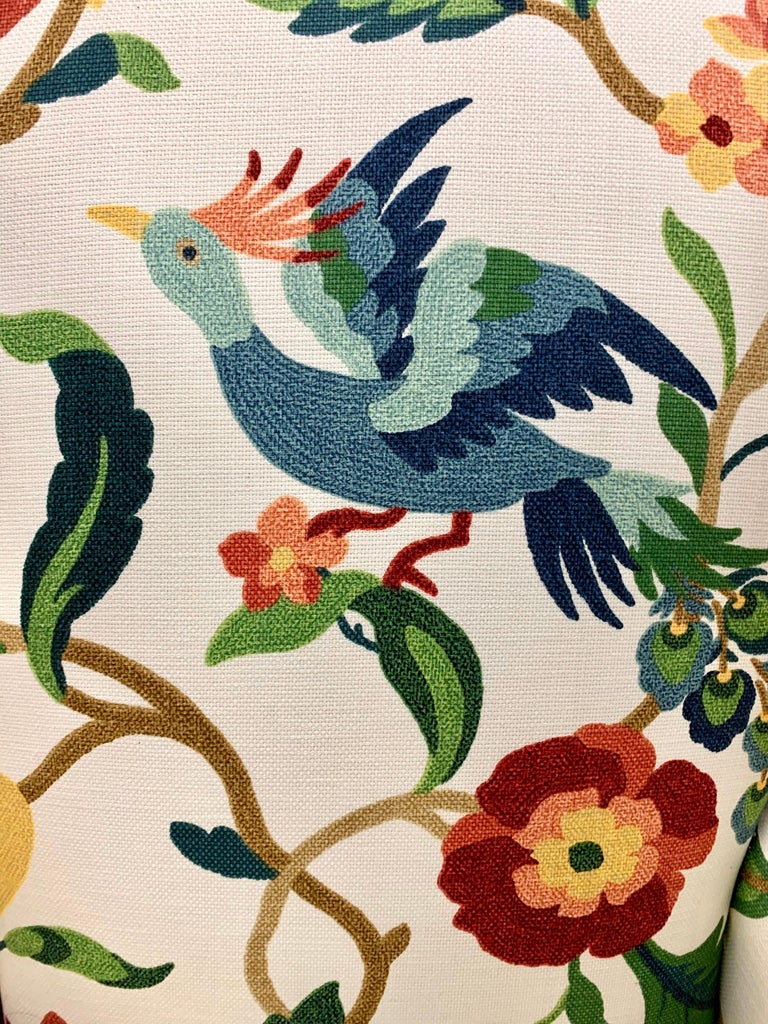 Crewelwork Floral and Bird Print Upholstered Mahogany Wingback Chair at 1stDibs