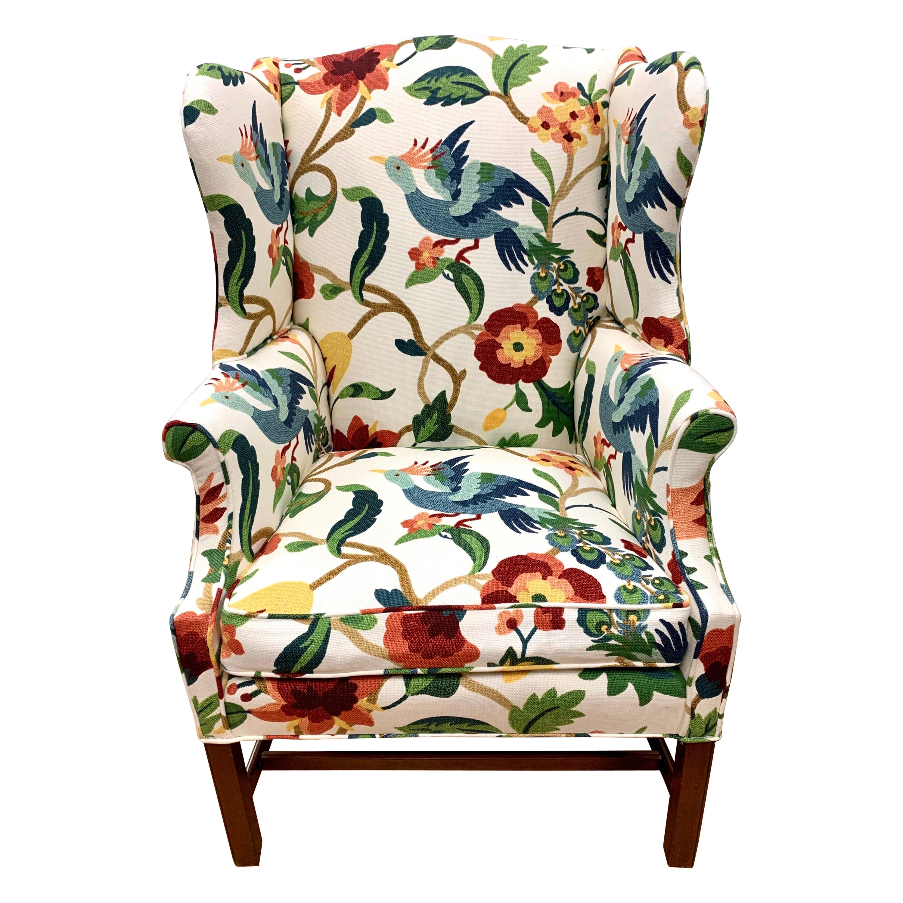 Crewelwork Floral and Bird Print Upholstered Mahogany Wingback Chair