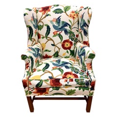 Crewelwork Floral and Bird Print Upholstered Mahogany Wingback Chair