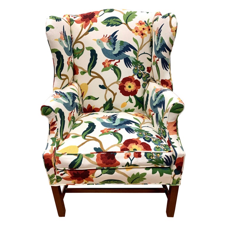 Crewelwork Floral and Bird Print Upholstered Mahogany Wingback Chair at